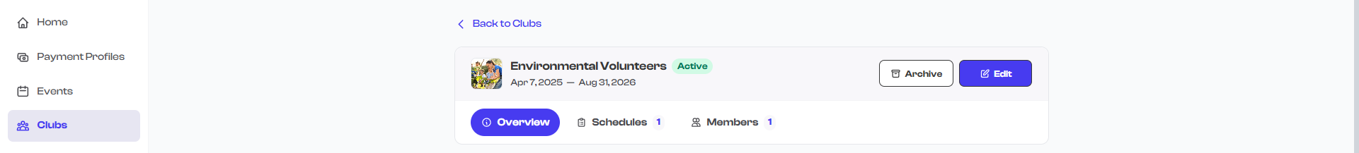 The Edit button on a club detail page