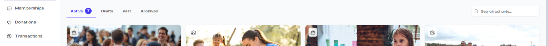 The filter tabs showing Active (selected with purple underline), All, Draft, Past, and Archived -- each with a count badge