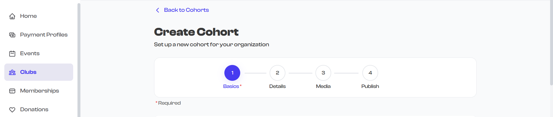 The 4-step progress bar at the top of the club creation wizard