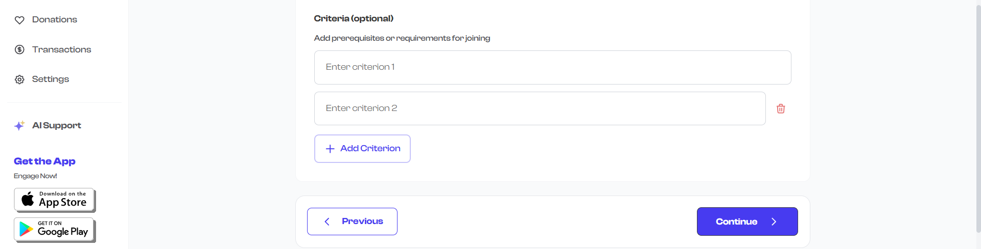 Criteria section with entries