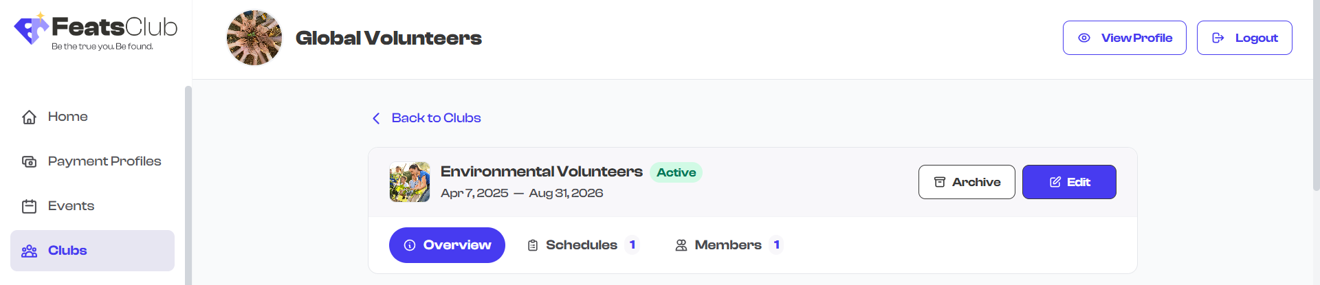 Archive button on an active club