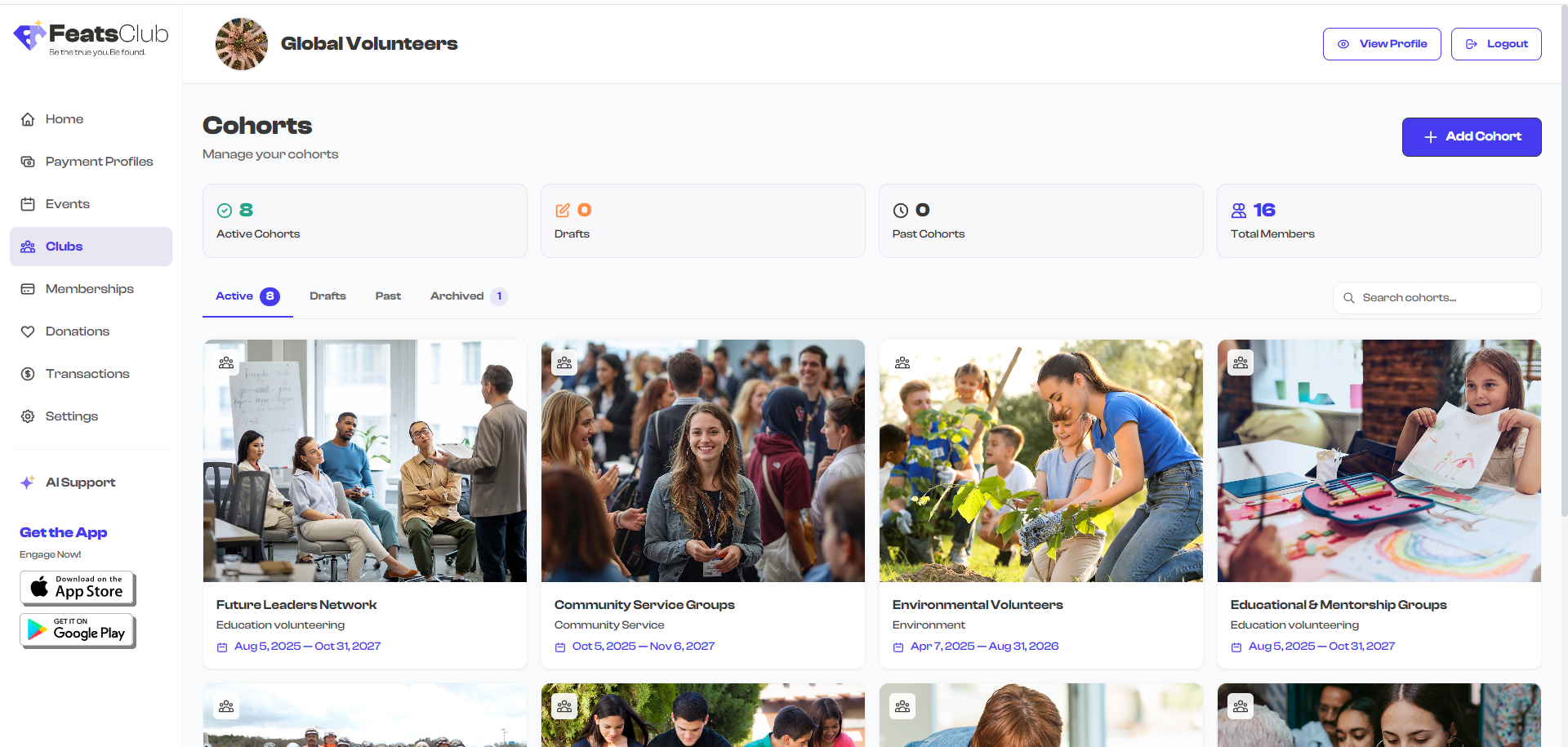 Clubs showcase on organization public page
