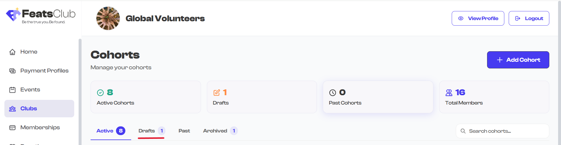 Drafts tab on the Club Dashboard