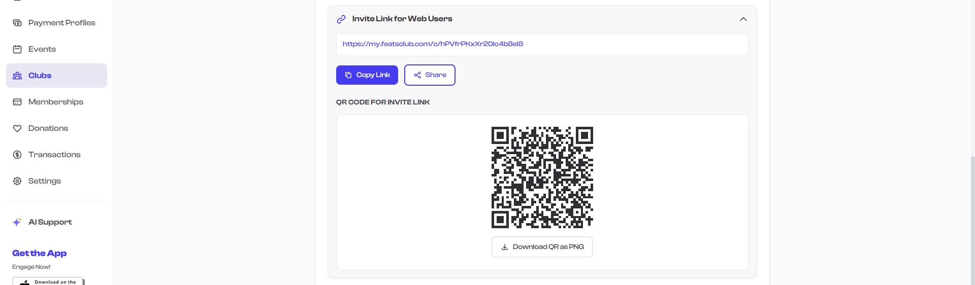 QR code in the shareable link widget