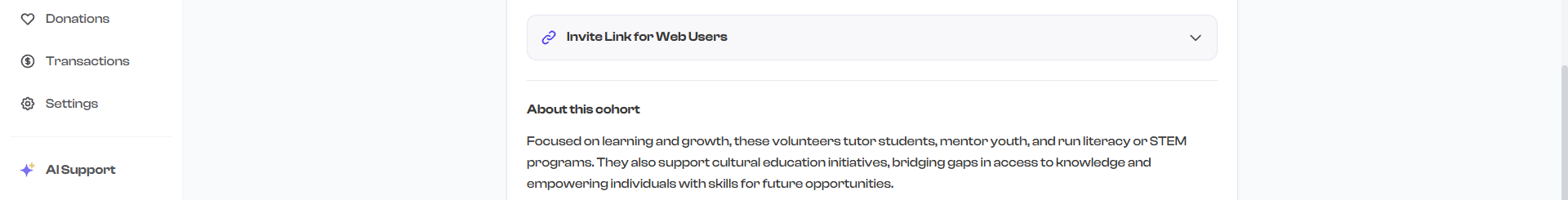 Shareable link widget on club detail page