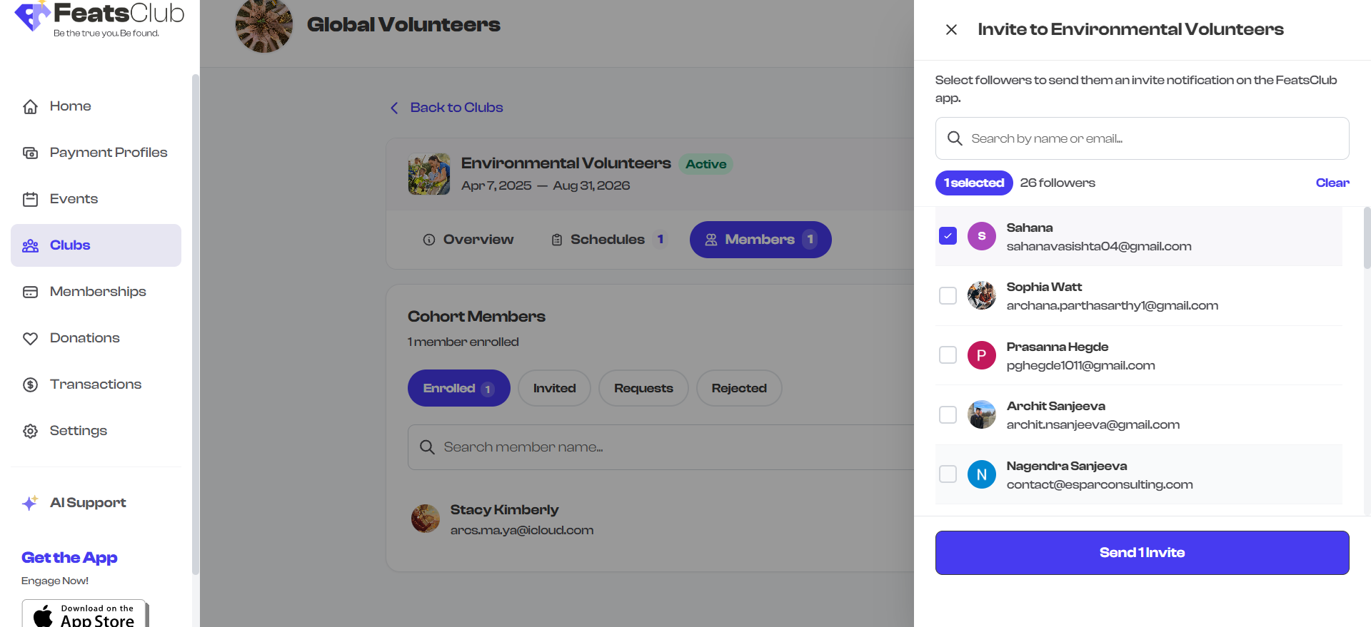 Invite Members side panel showing a list of followers with checkboxes