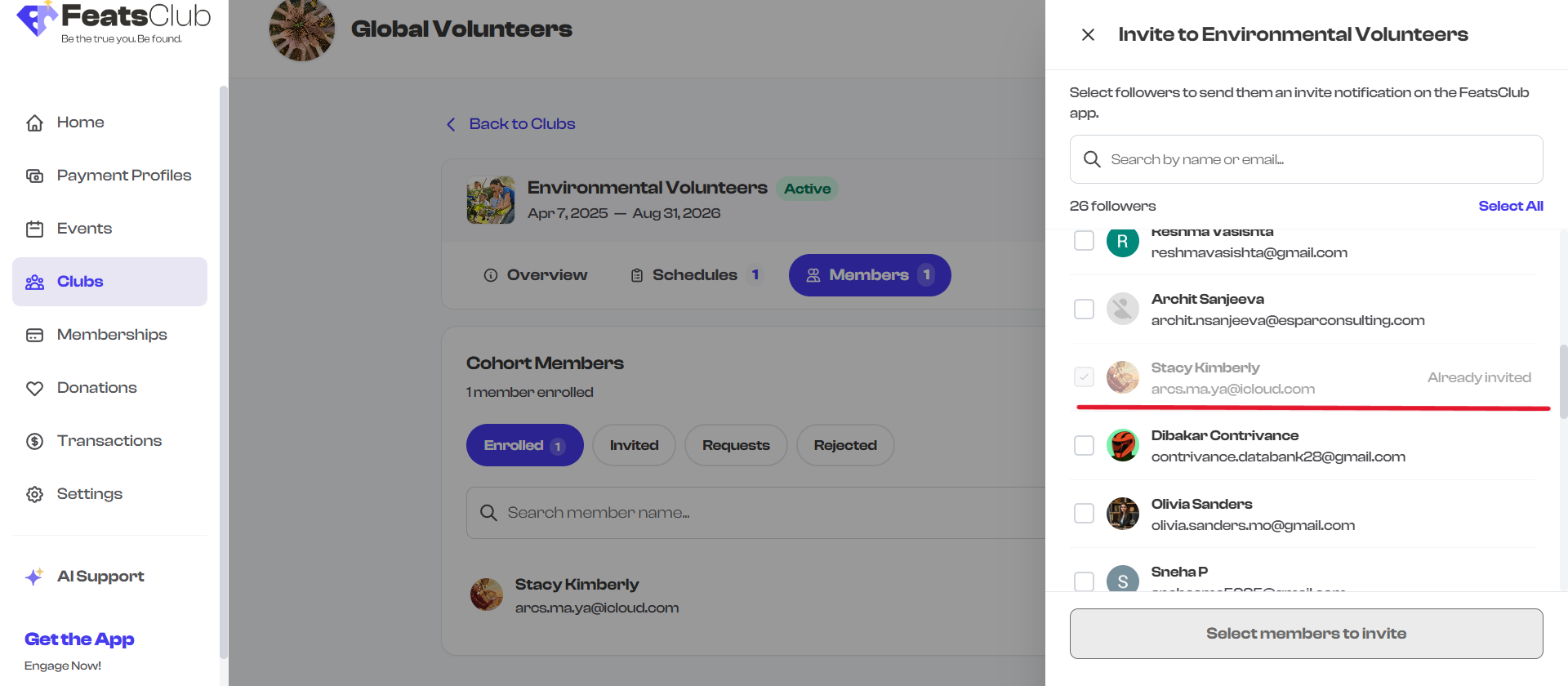 Invite panel showing a grayed-out already-invited follower
