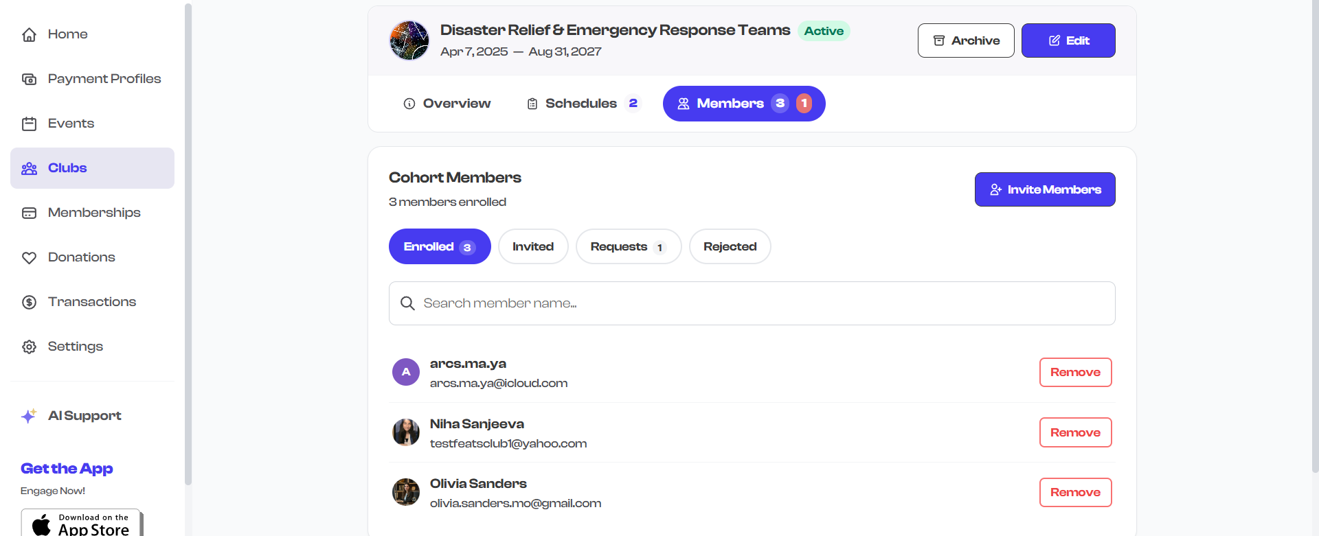 Member list showing individual member rows