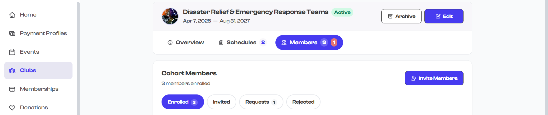 Members tab showing filter chips with counts for each status