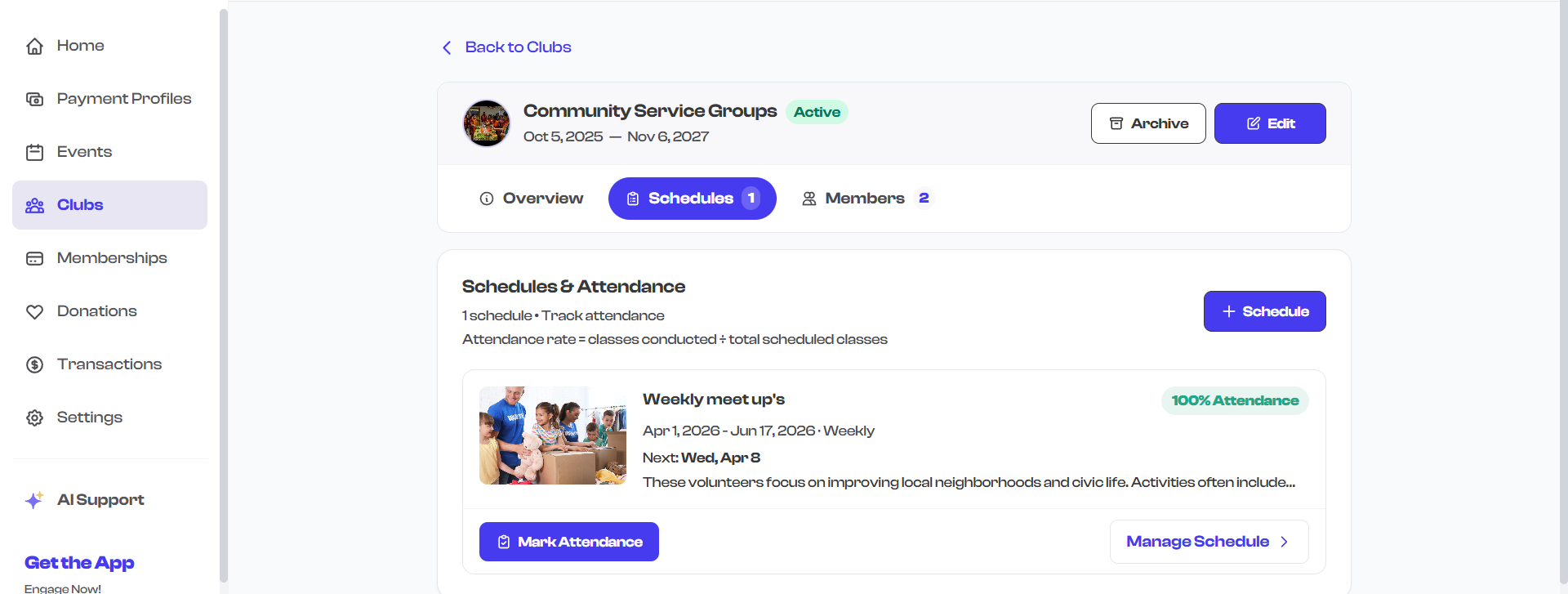 Club detail page with the Schedules tab selected
