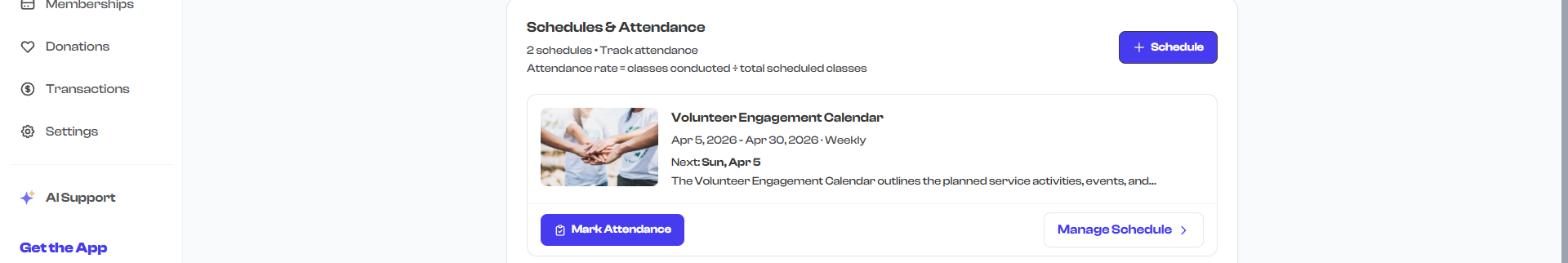 Schedule card with the Attendance button highlighted