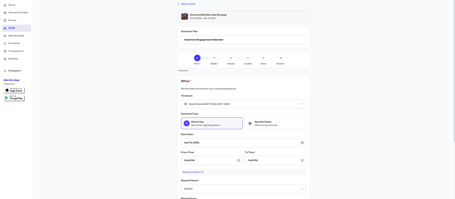 Step 1 -- When, showing recurring schedule configuration