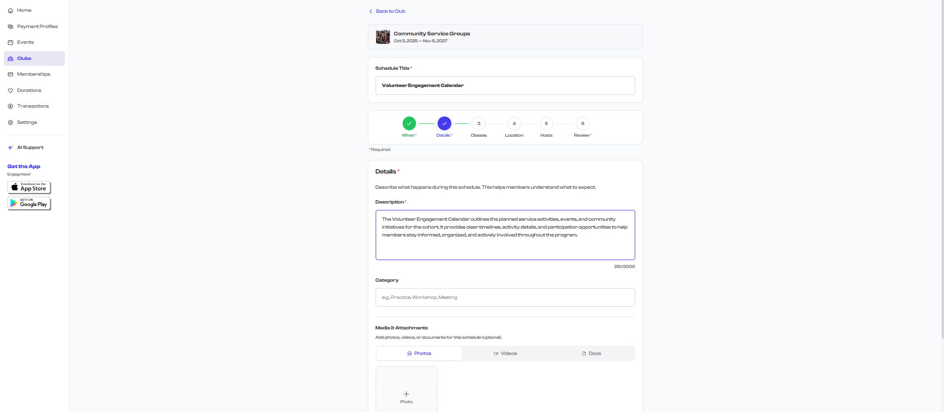 Step 2 -- Details, showing description and media upload