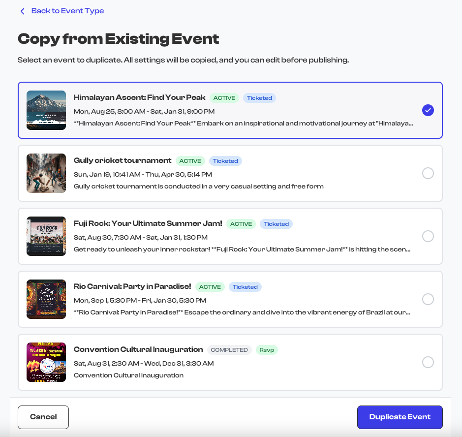 Copy from existing event option