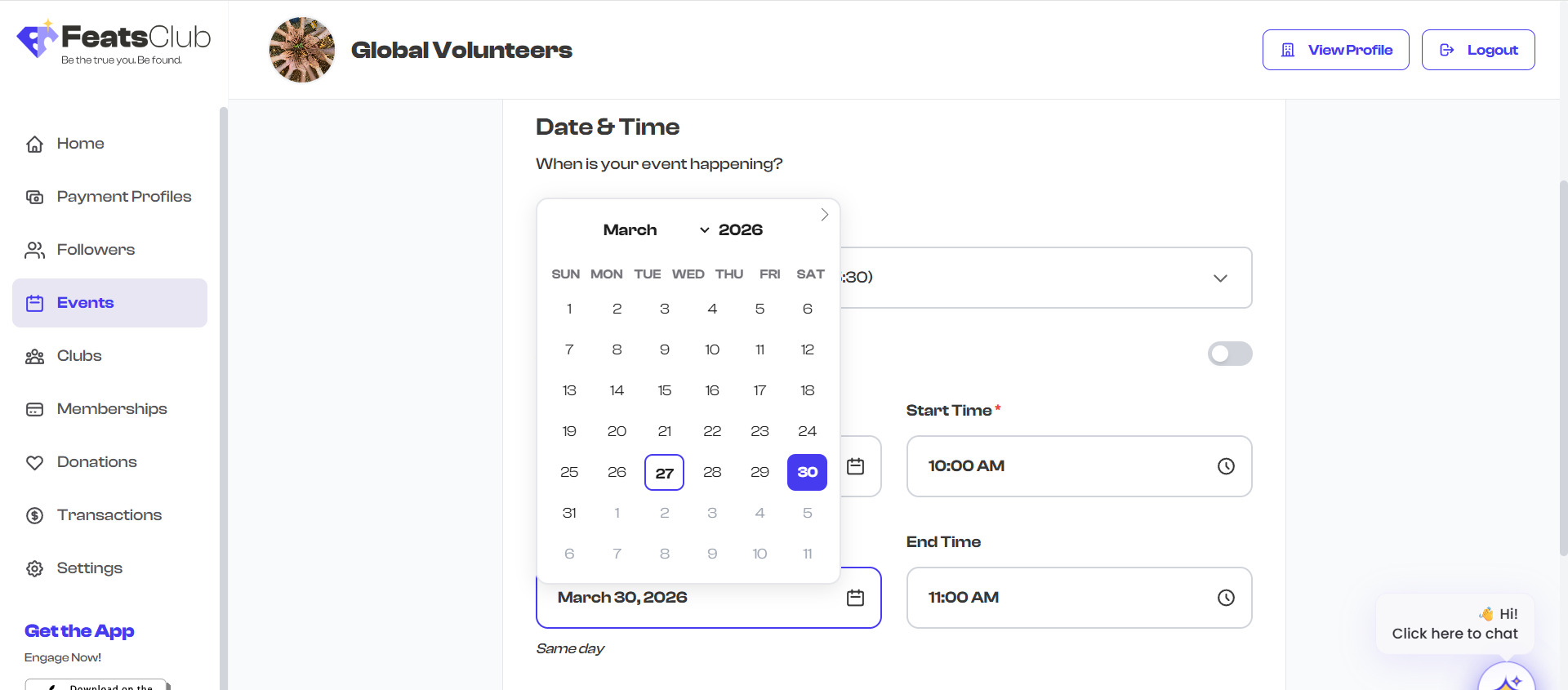 Date and time picker fields