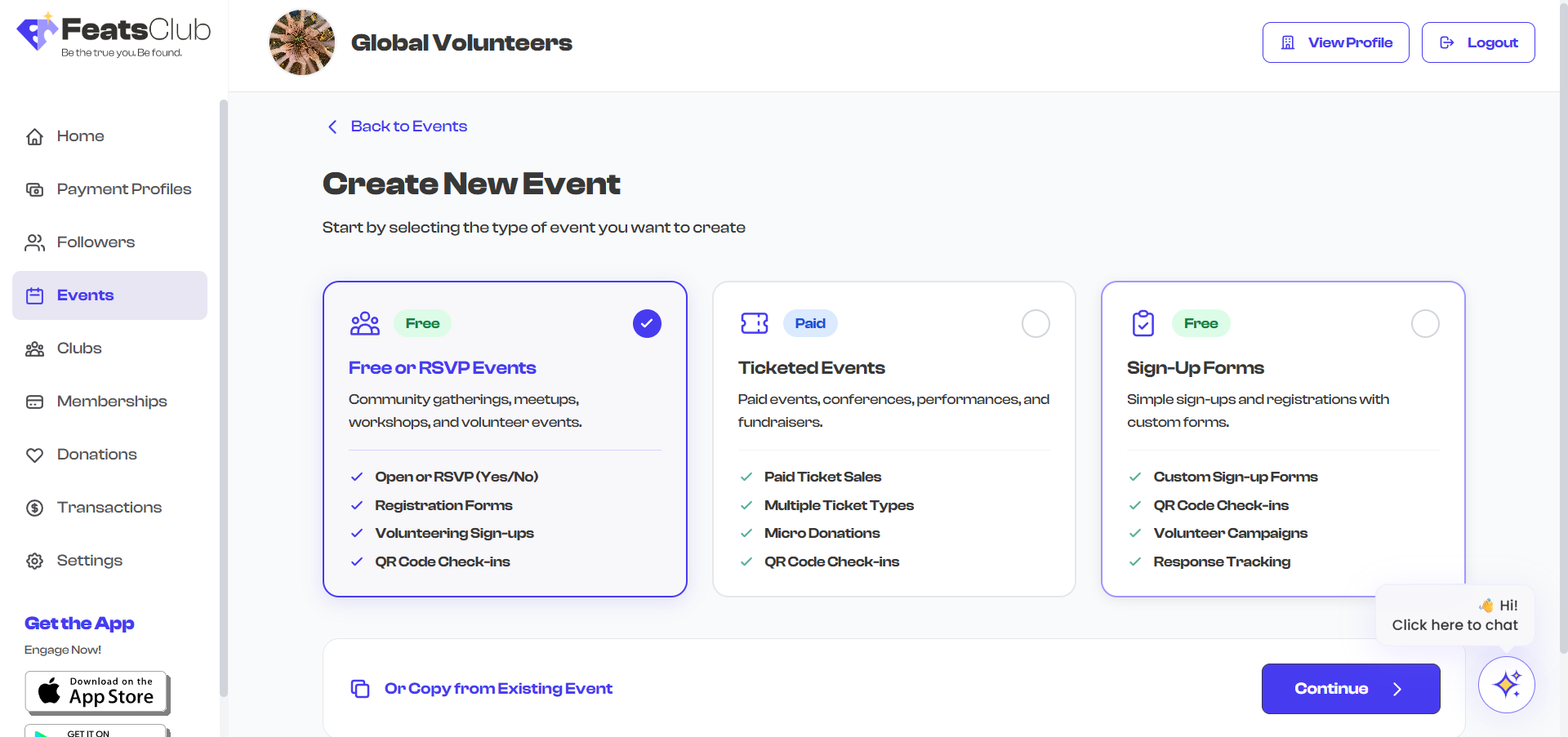 Event type selection screen