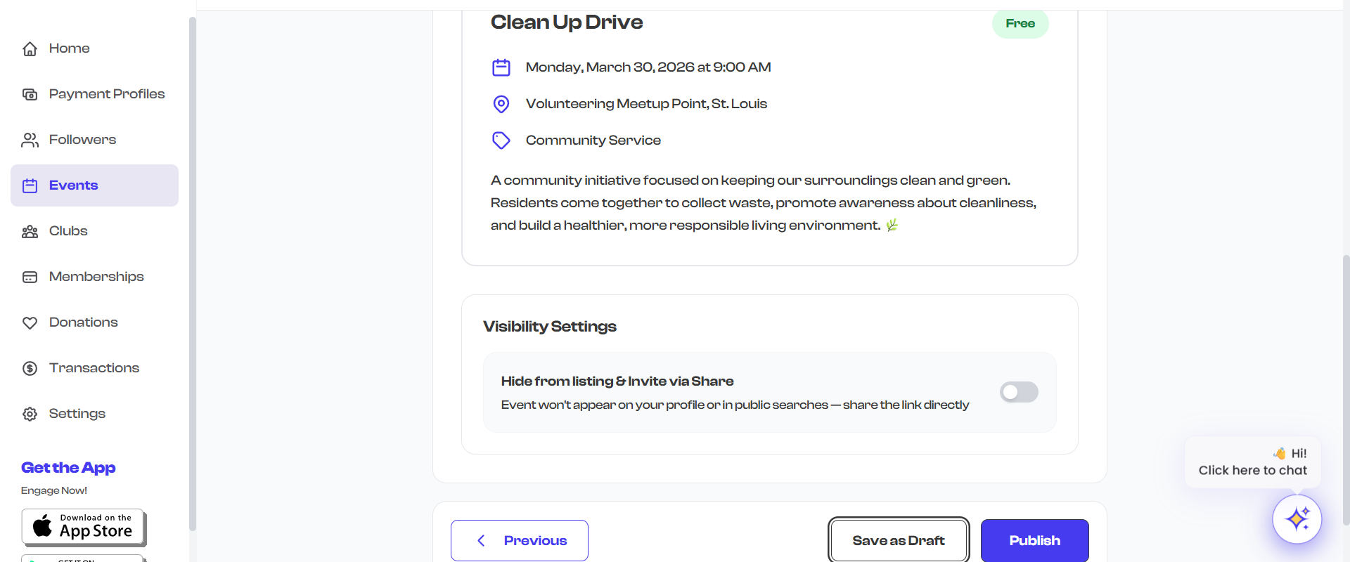 Publish button on the final step