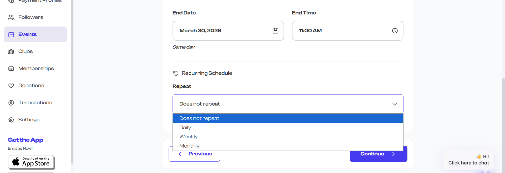 Recurrence frequency dropdown