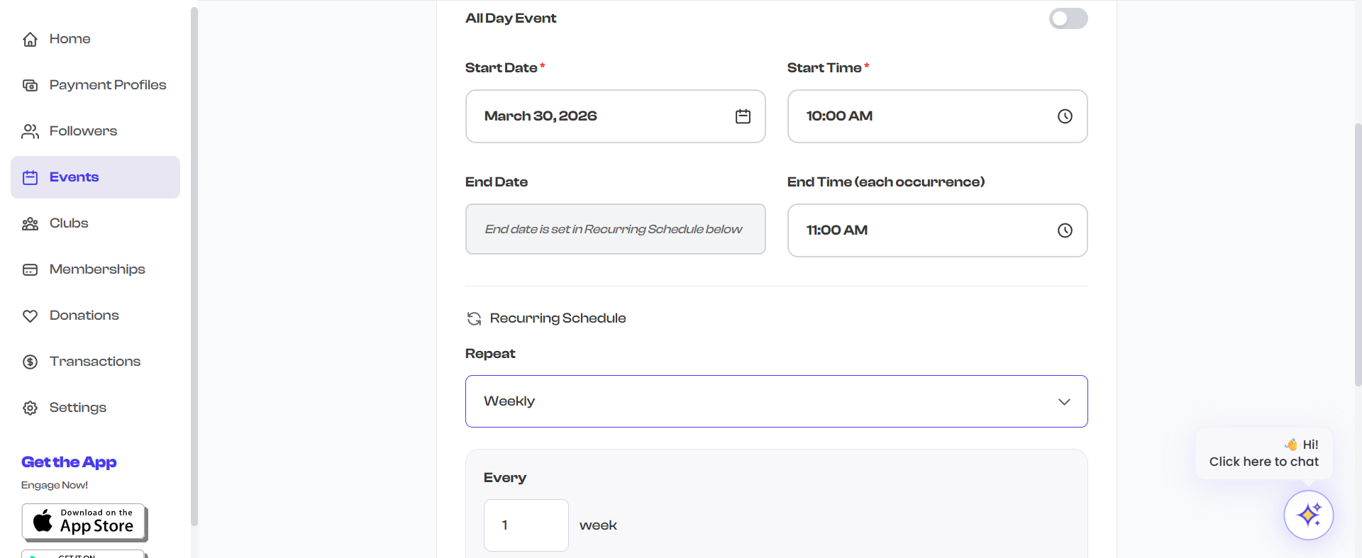 Recurrence settings with end date message