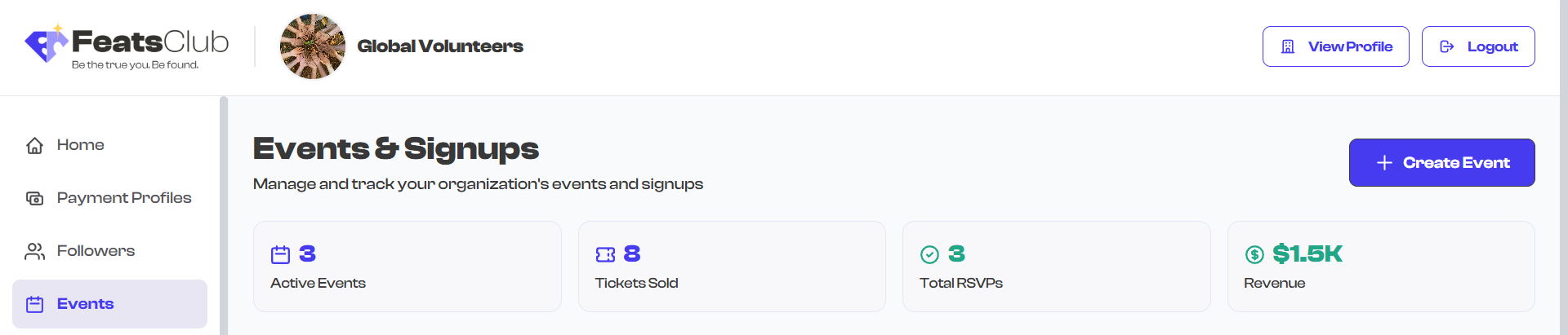 Dashboard header with Create Event button