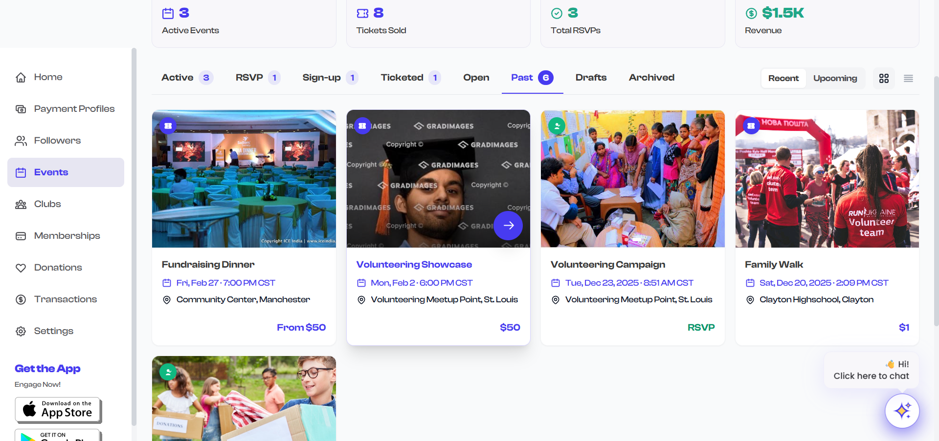 Grid card with hover actions visible