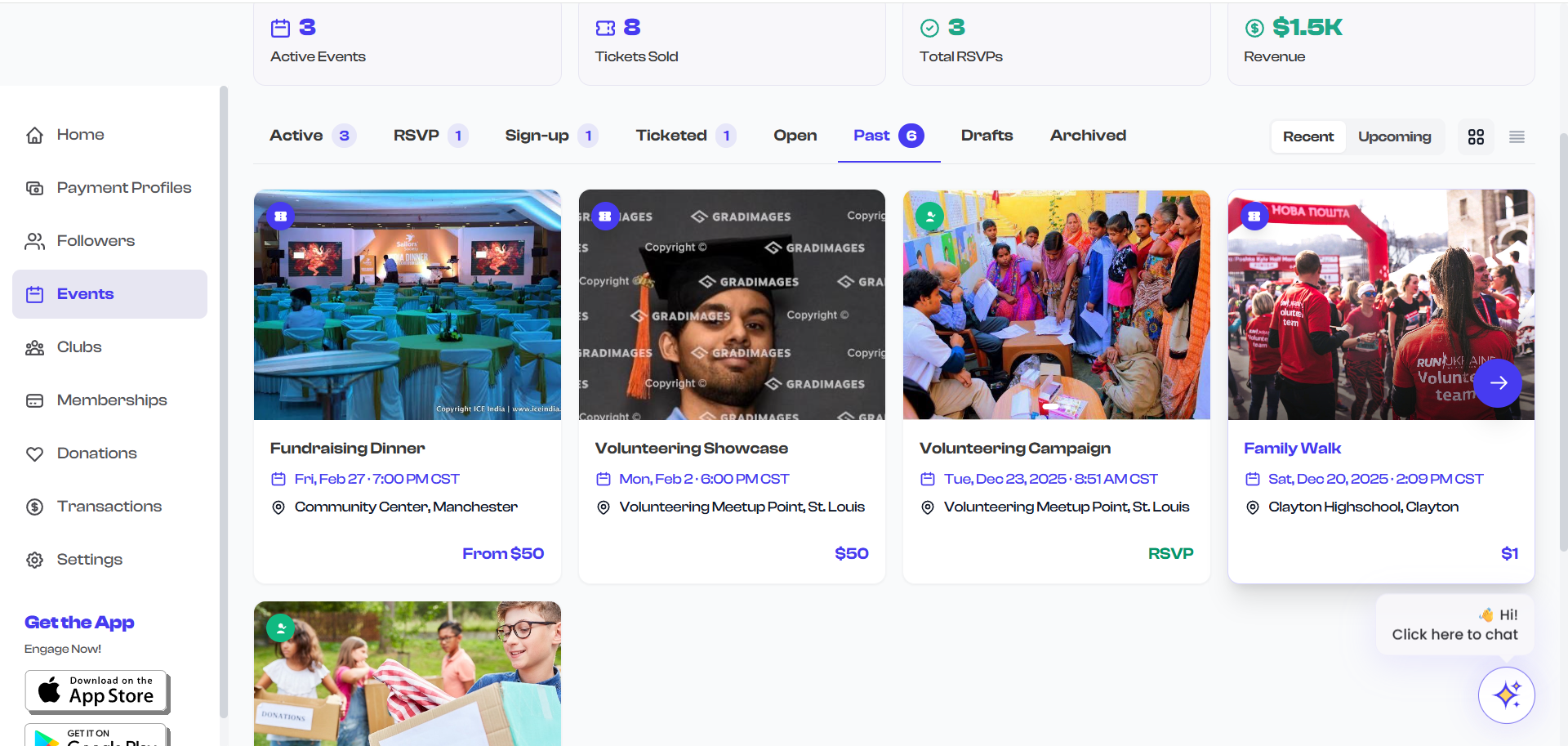 Grid view with event cards