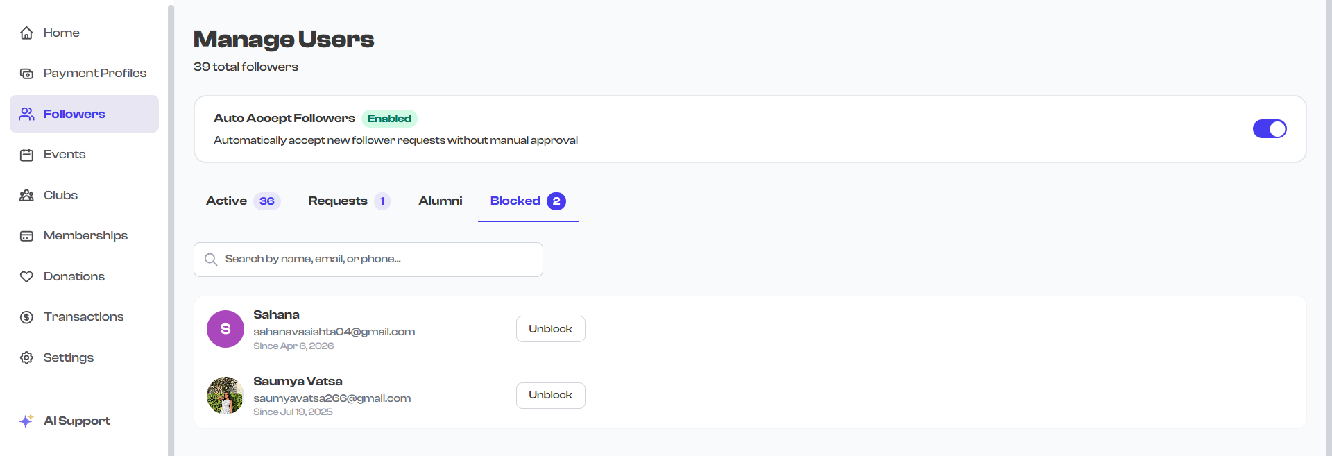 Blocked tab showing blocked followers with Unblock option