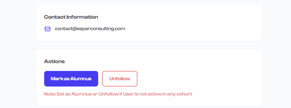 Follower detail page showing the Mark as Alumni action
