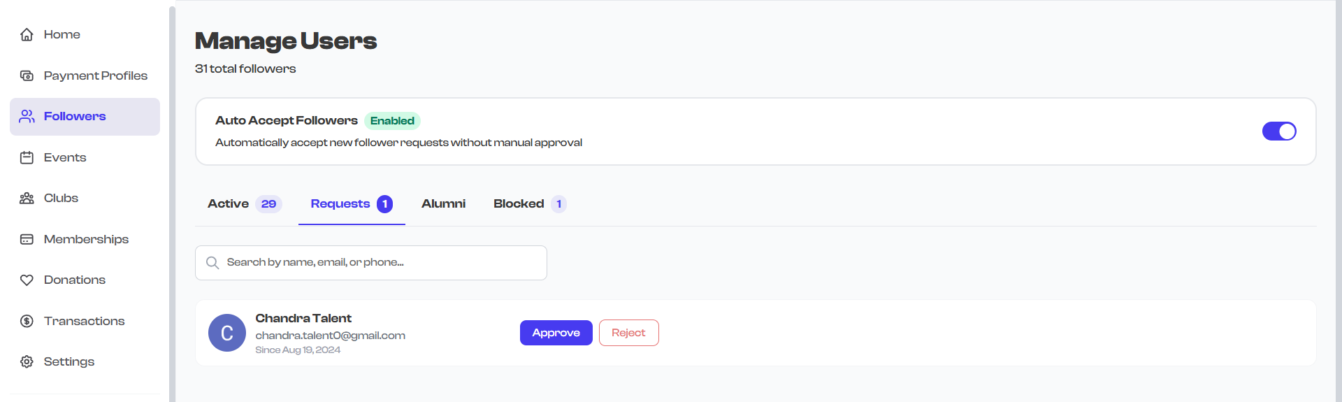 Follower detail page with the Approve button highlighted