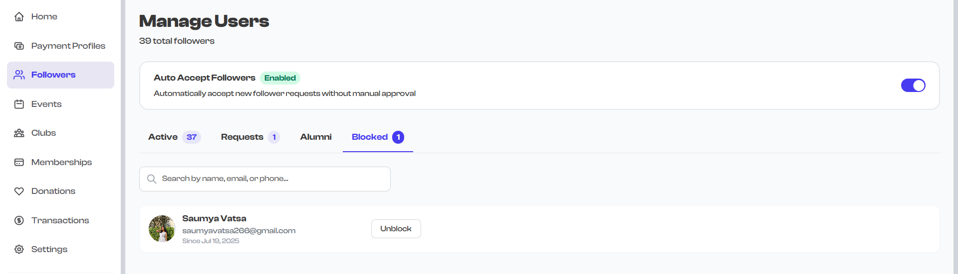 Unblock confirmation on a blocked follower's detail page
