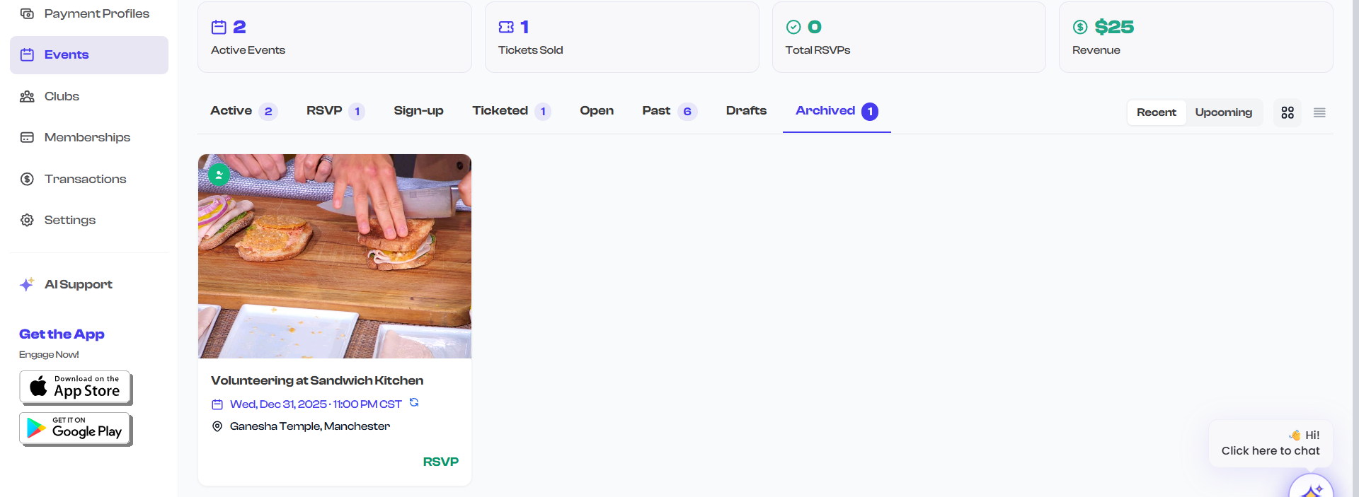 Archived tab on the Event Dashboard