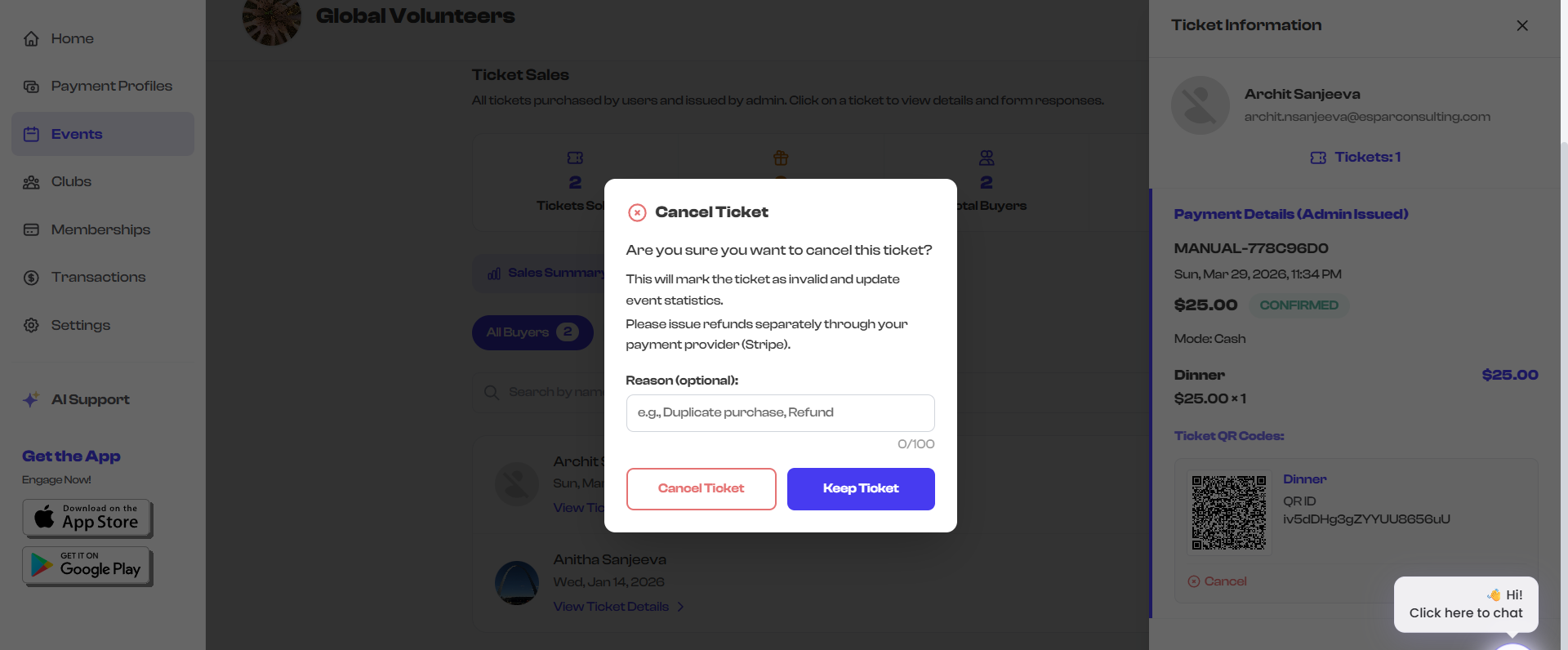Cancel ticket action