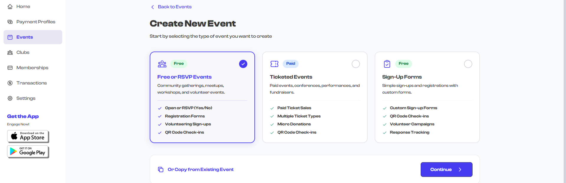 Copy from Existing Event option