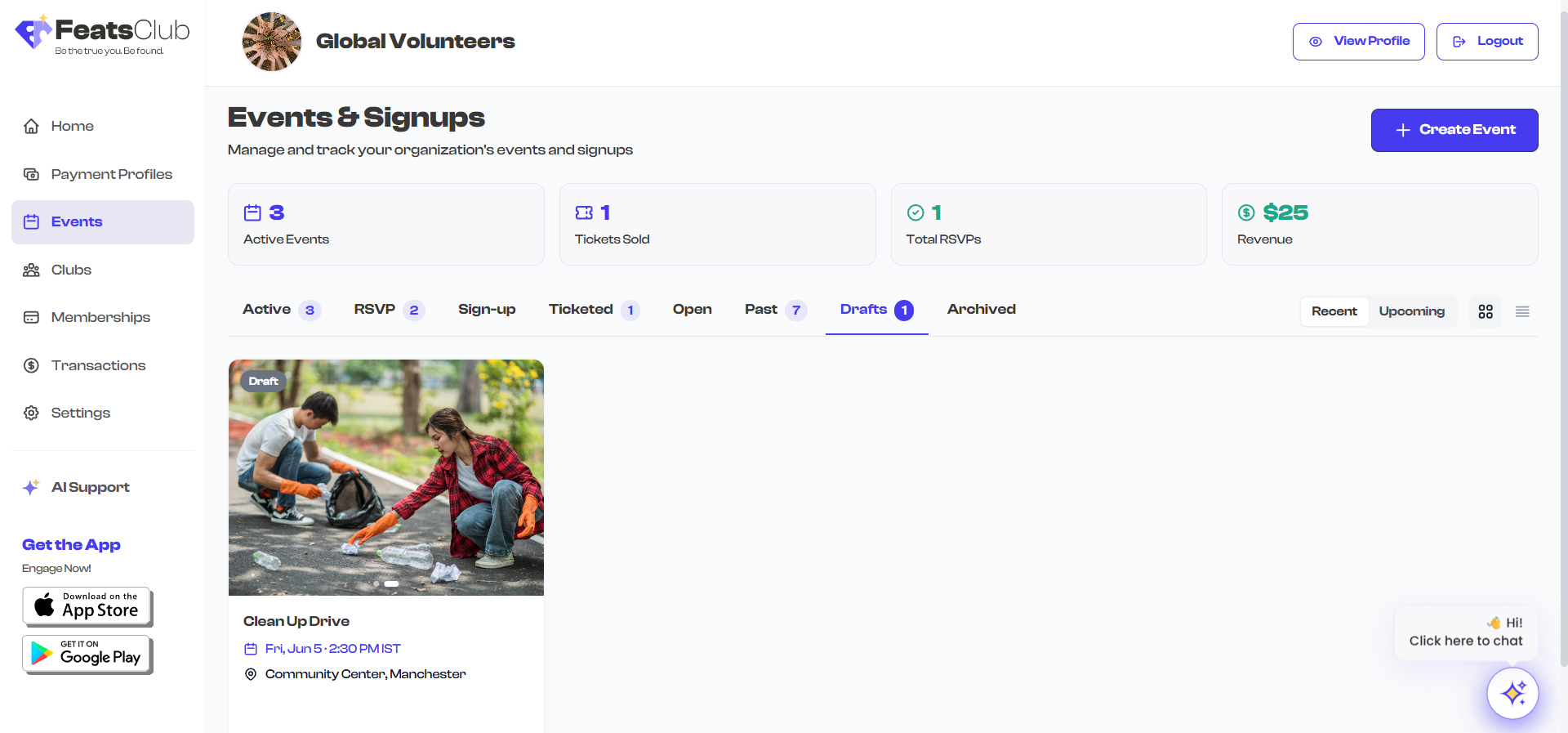 Drafts tab on the Event Dashboard