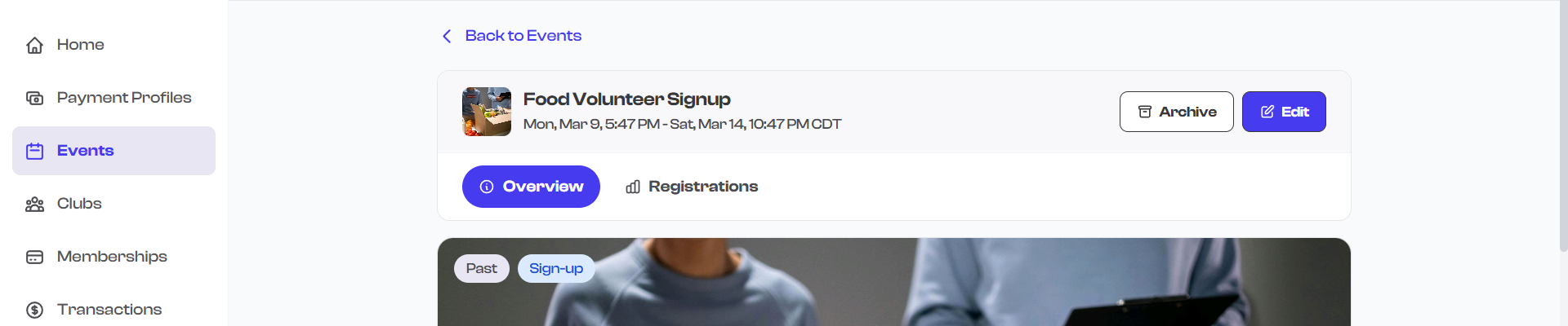 Event detail header with status and type badges