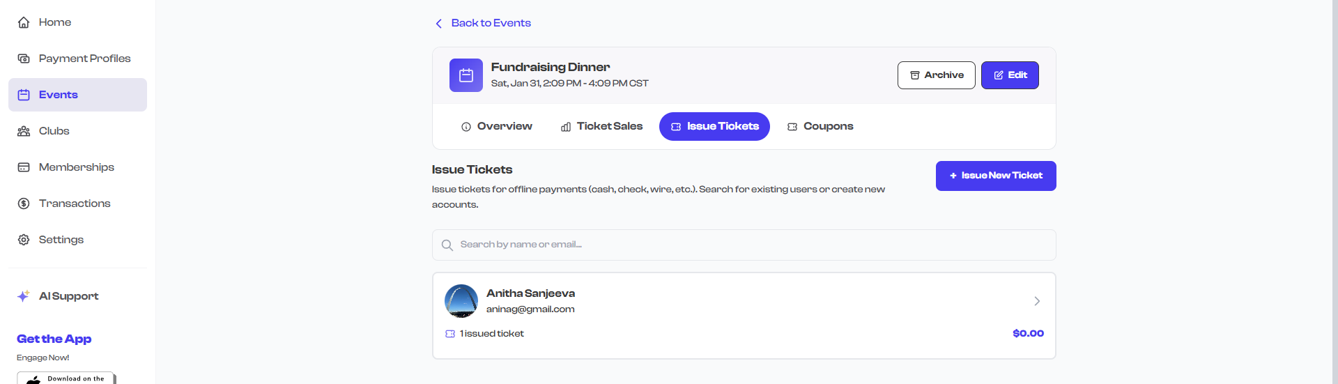 Issue Tickets button on event detail page