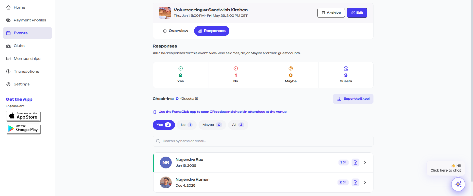RSVP event responses section