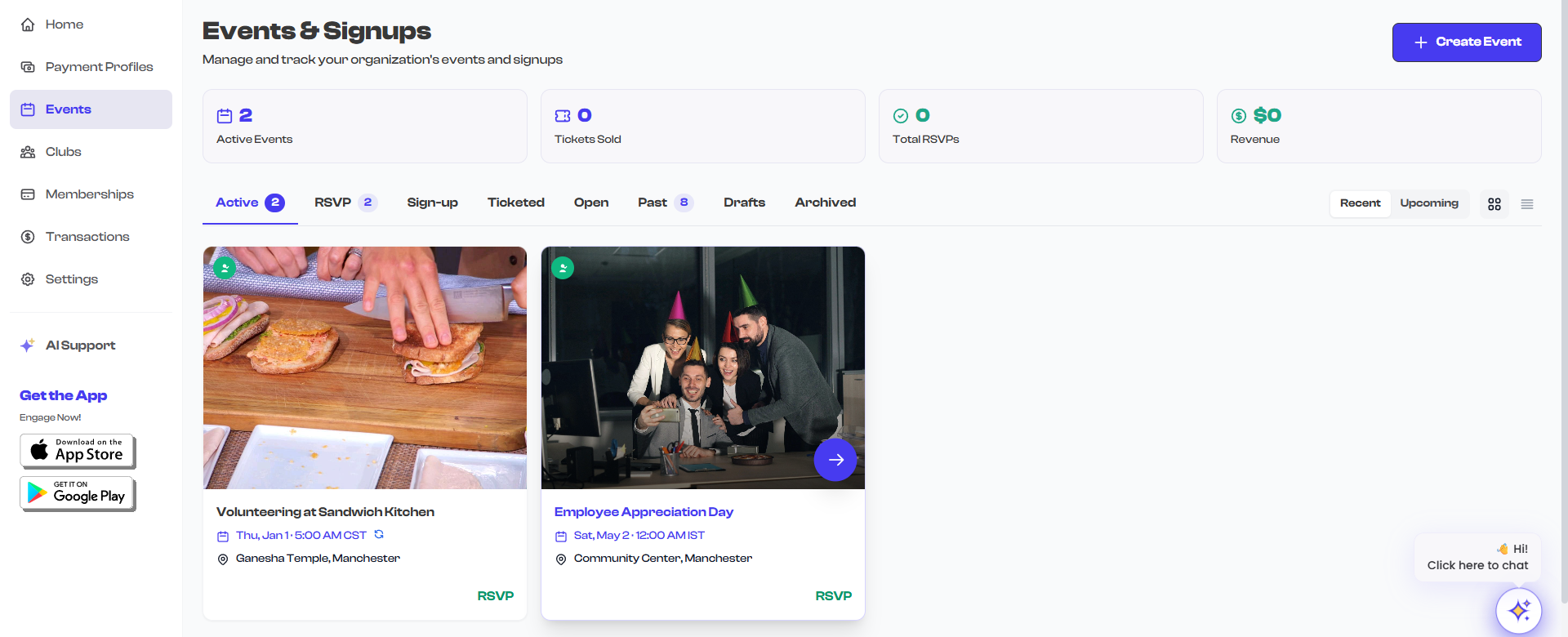 Share button on dashboard event card