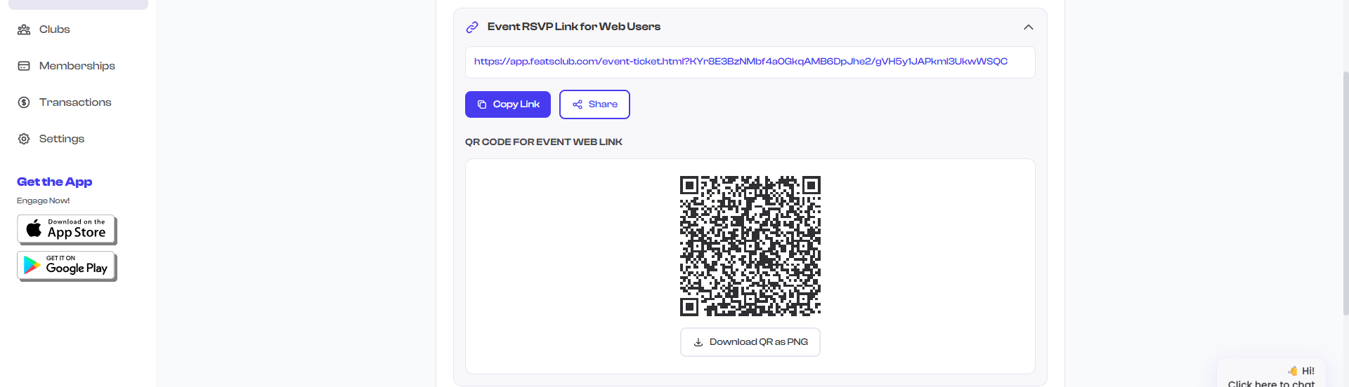 Shareable link widget on event detail page