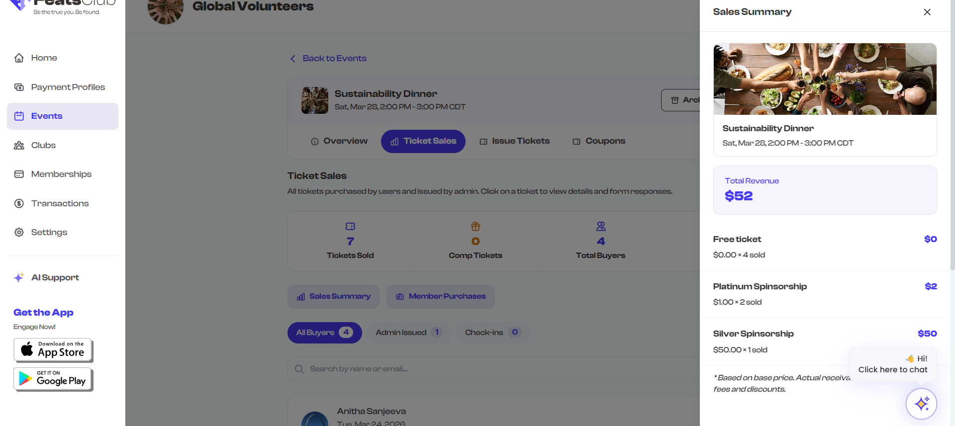 Ticket sales summary statistics