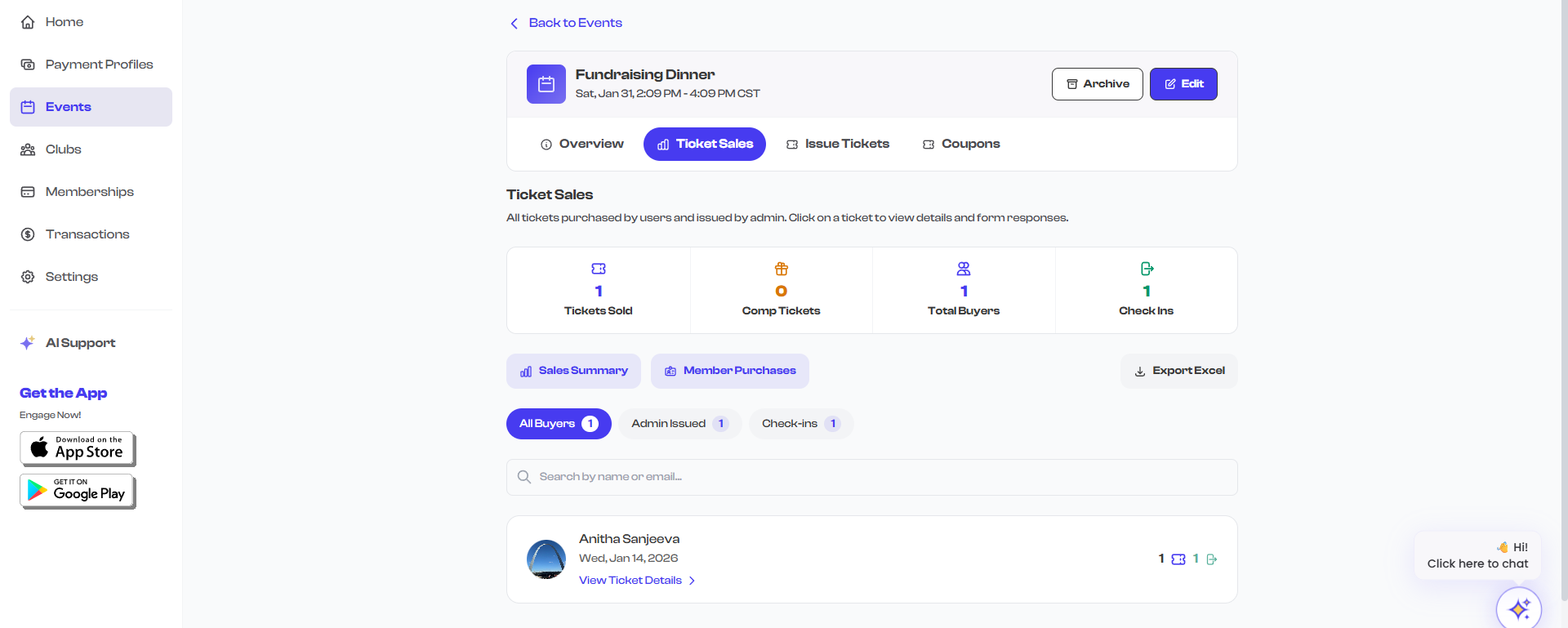 View Ticket Sales button on event detail page