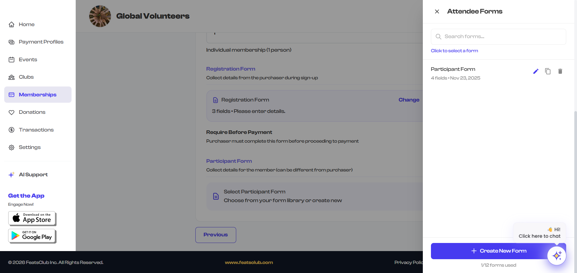Form selection modal