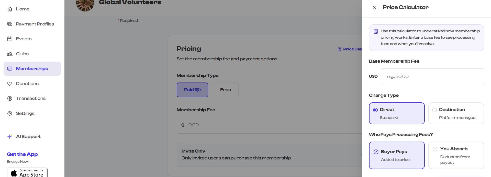 Price Calculator side panel