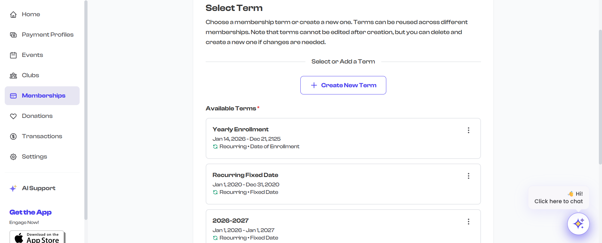 Term selection screen