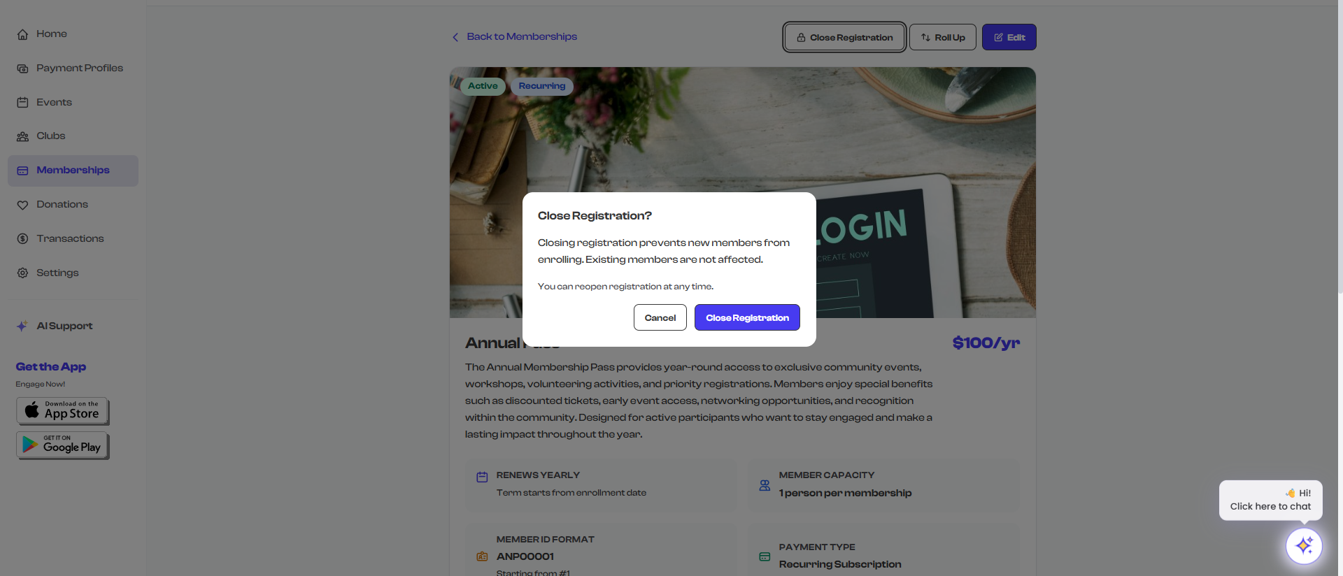 Close membership confirmation dialog