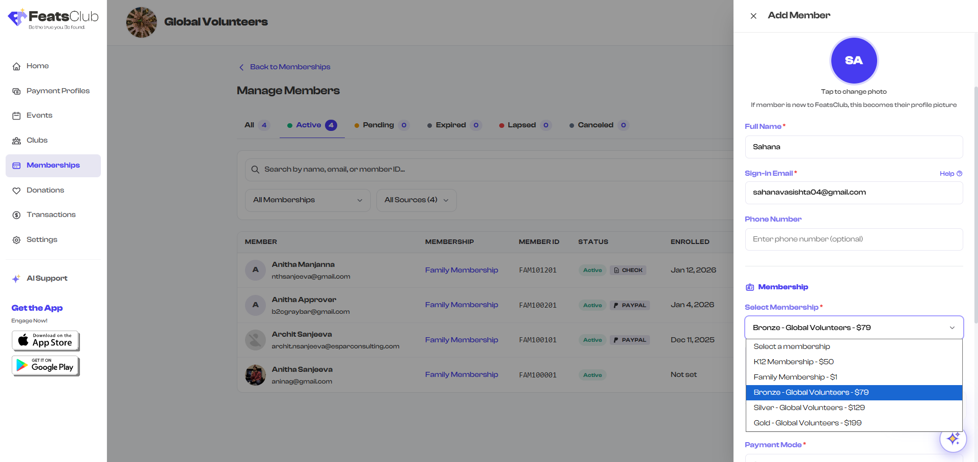 Membership selection dropdown