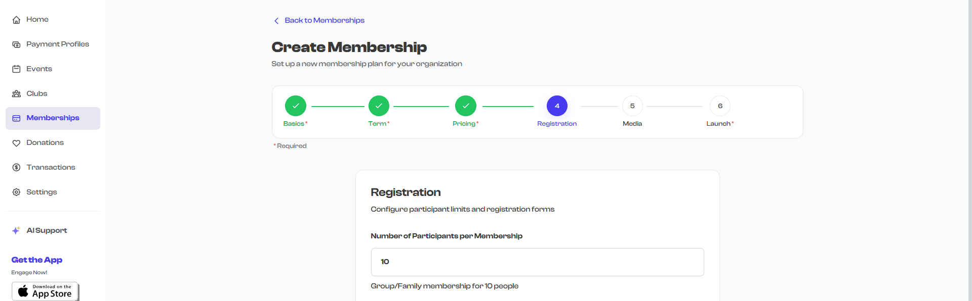 Number of participants setting during membership creation