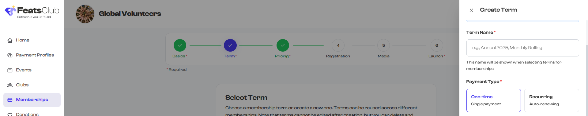Payment Type selection