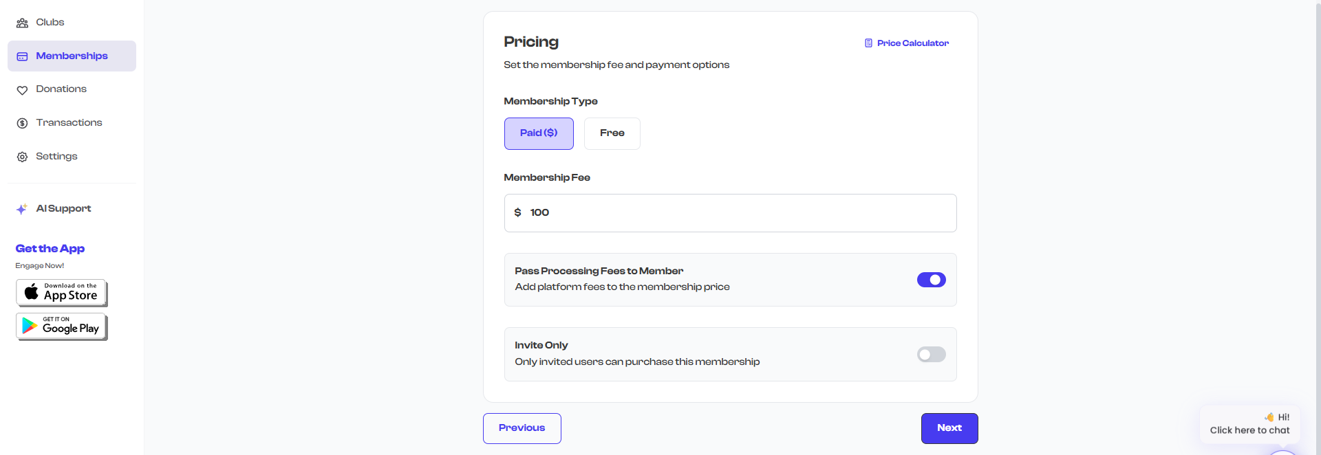 Fee passthrough toggle in membership pricing