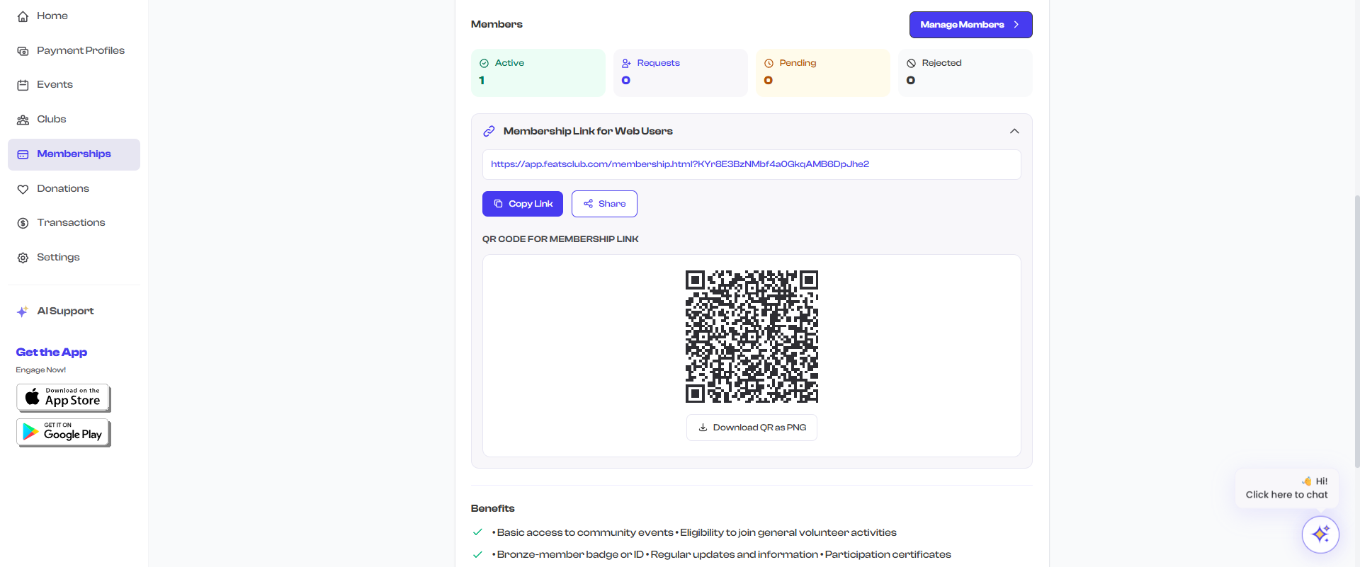 QR code on membership detail page